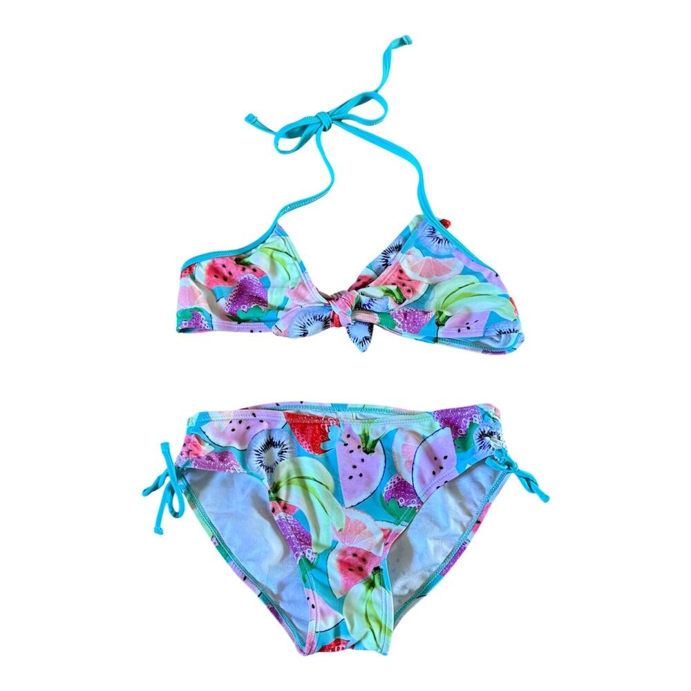 Girls 8 PSNY Summer Fruit Turquoise Blue Rainbow Color Halter Tie Bikini Swim